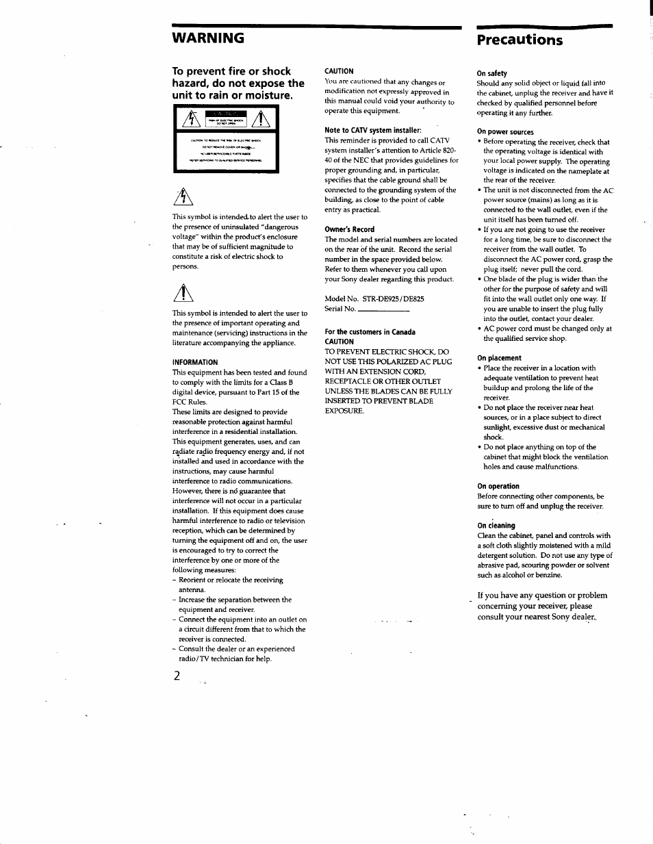 Precautions, Information, Caution | Note to catv system installer, Owner's record, For the customers in canada caution, On safety, On power sources, On placement, On operation | Sony STR-DE825 User Manual | Page 2 / 56