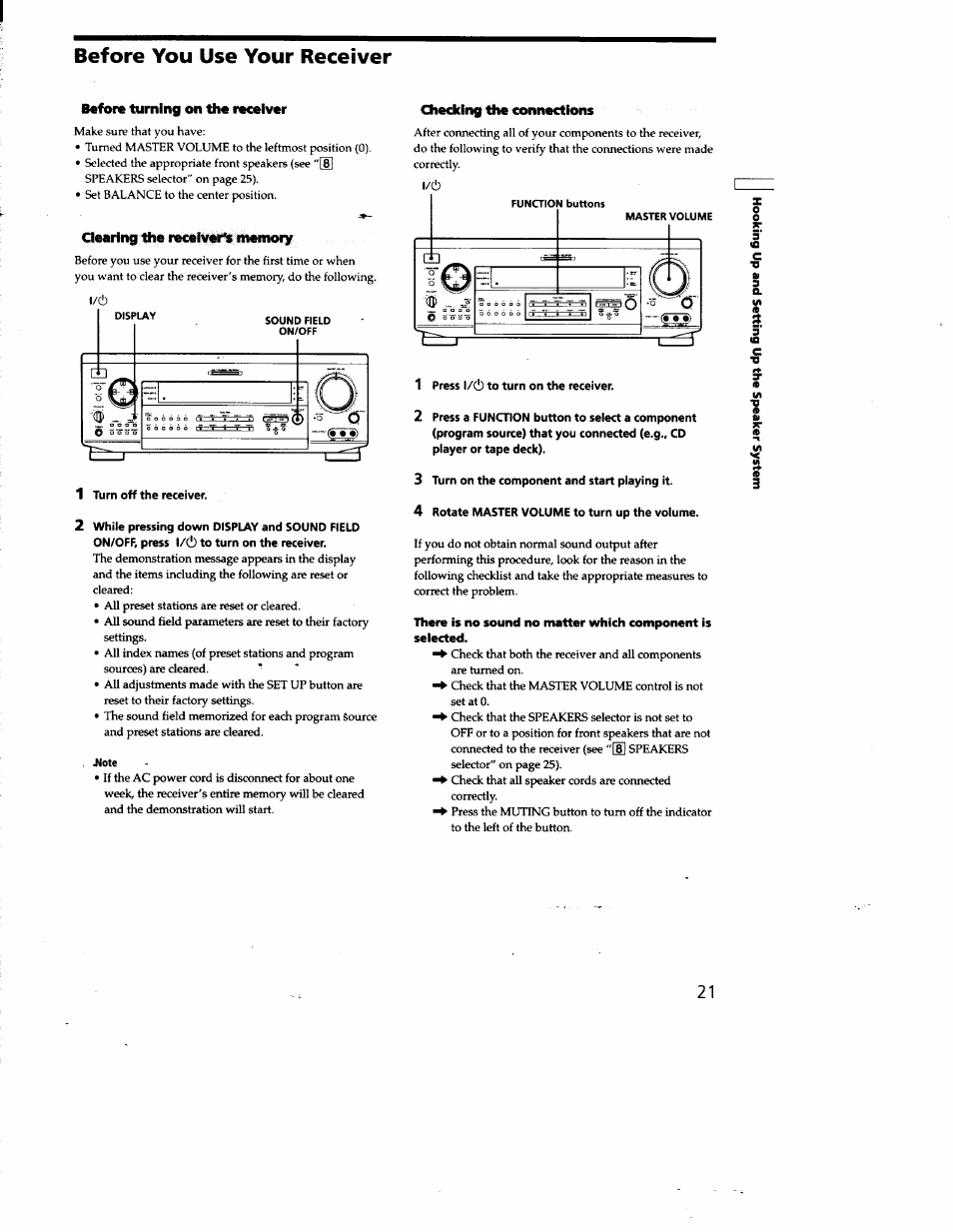 Before you use your receiver, Checking the connections, 1 turn off the receiver | 2 while pressing down display and sound field, On/off, press l/(!) to turn on the receiver, Jfote, 3 turn on the component and start playing it, 4 rotate master volume to turn up the volume | Sony STR-DE825 User Manual | Page 21 / 56