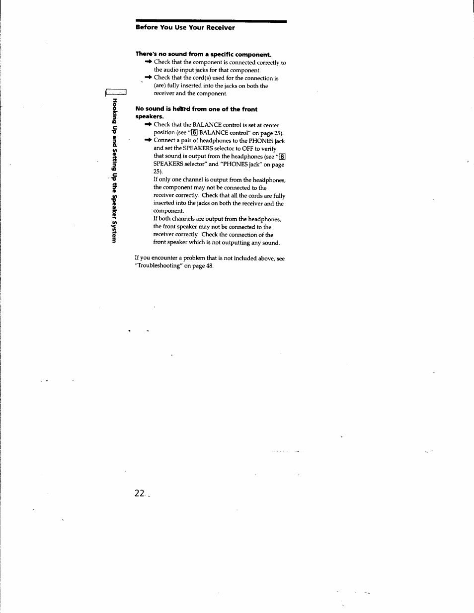 There's no sound from a specific component, No sound is hdln-d from one of the front speakers | Sony STR-DE825 User Manual | Page 22 / 56