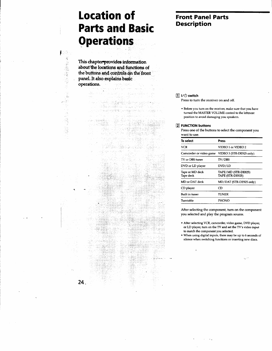 Location of parts and basic operations, U l/(!) switch, D] function buttons | Front panel parts description | Sony STR-DE825 User Manual | Page 24 / 56