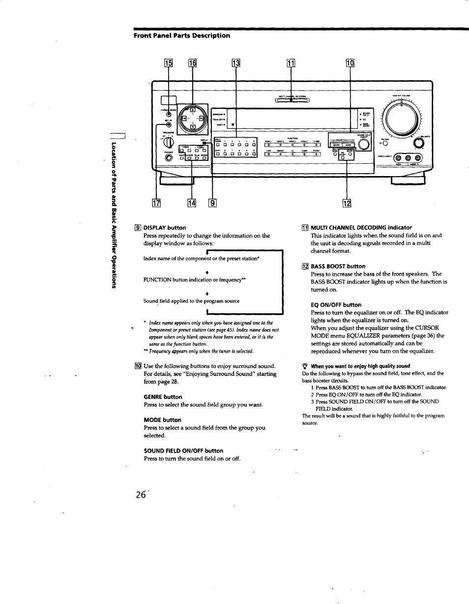 9] display button, Genre button, Mode button | Oh multi channel decoding indicator, 01 bass boost button, Eq on/off button, When you want to enjoy high quality sound, Sound field on/off button | Sony STR-DE825 User Manual | Page 26 / 56