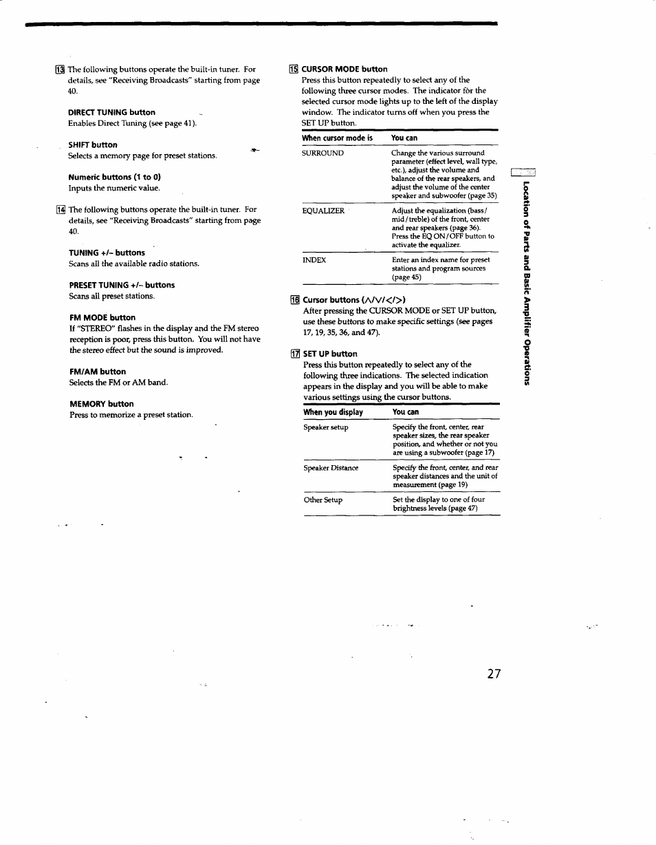 Direct tuning button, Shift button, Numeric buttons (1 to 0) | Tuning +/- buttons, Preset tuning +/- buttons, Fm mode button, Fm/am button, Memory button, I cursor mode button, When cursor mode is you can | Sony STR-DE825 User Manual | Page 27 / 56