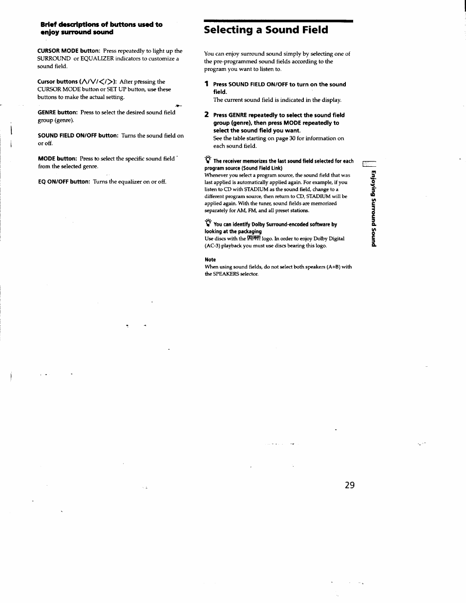 Selecting a sound field | Sony STR-DE825 User Manual | Page 29 / 56