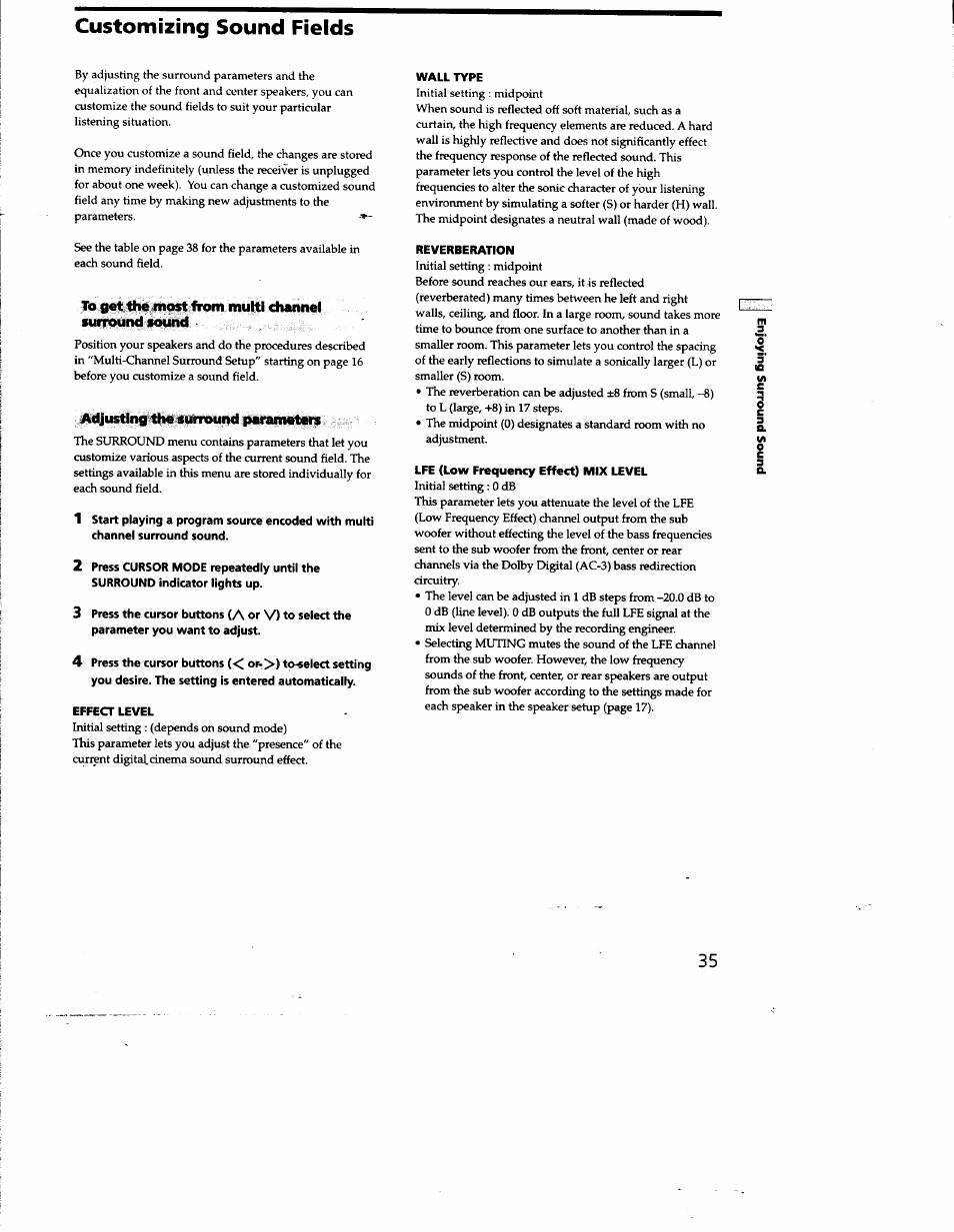Customizing sound fields, Wall type, To get the most from multi channel surround found | Adjusting the surround parameters, Effect level, Reverberation, Lfe (low frequency effect) mix level | Sony STR-DE825 User Manual | Page 35 / 56