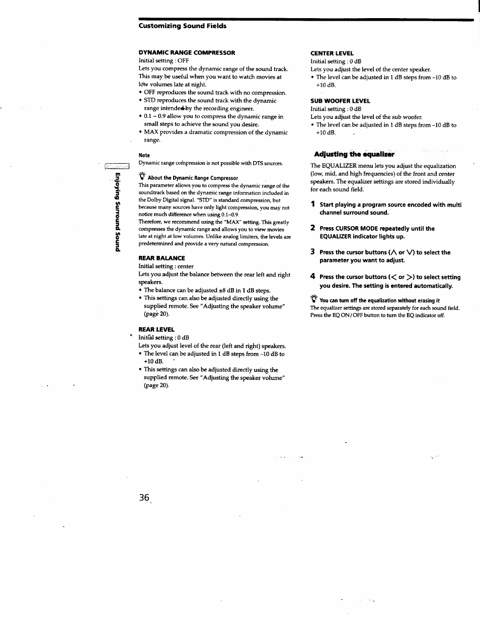 Dynamic range compressor, Rear balance, Center level | Sub woofer level, Adjusting llie ^ualinr, Rear level | Sony STR-DE825 User Manual | Page 36 / 56