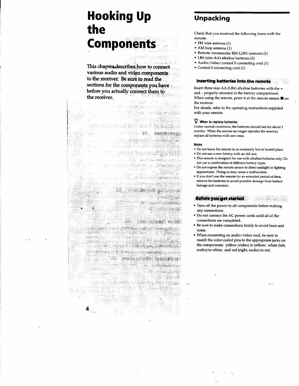 Unpacking, Hooking up the components | Sony STR-DE825 User Manual | Page 4 / 56