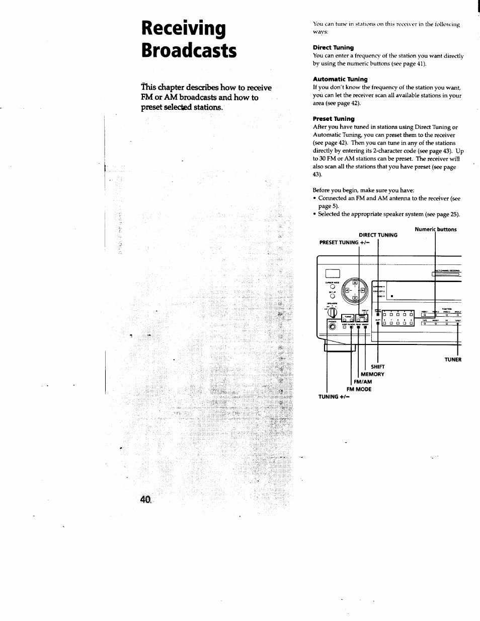 Direct tuning, Automatic tuning, Preset tuning | Receiving broadcasts | Sony STR-DE825 User Manual | Page 40 / 56