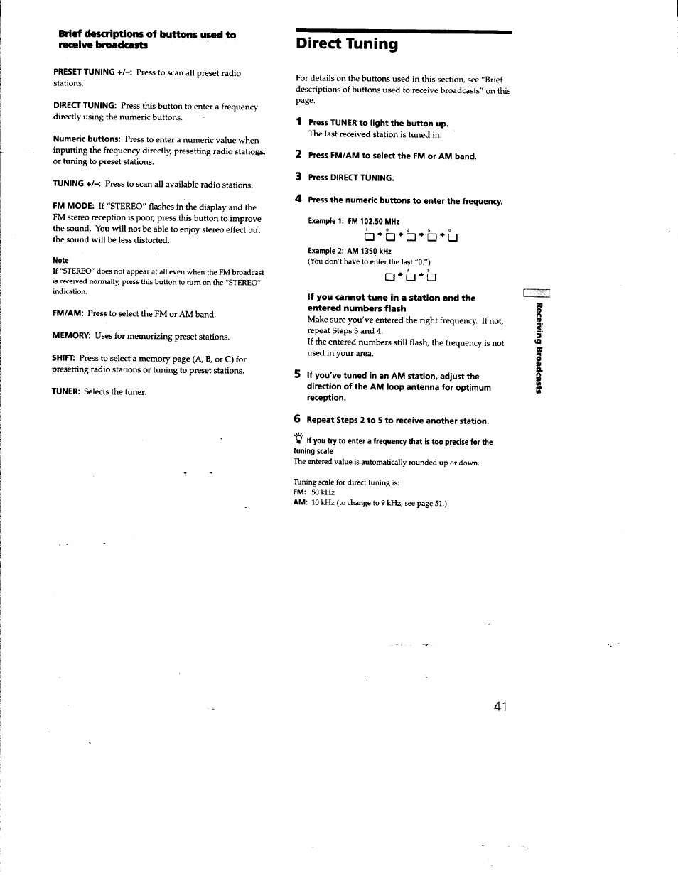 1 press tuner to light the button up, 2 press fm/am to select the fm or am band, 3 press direct tuning | Example 2: am 1350 khz, 6 repeat steps 2 to 5 to receive another station, Is s, Direct tuning | Sony STR-DE825 User Manual | Page 41 / 56