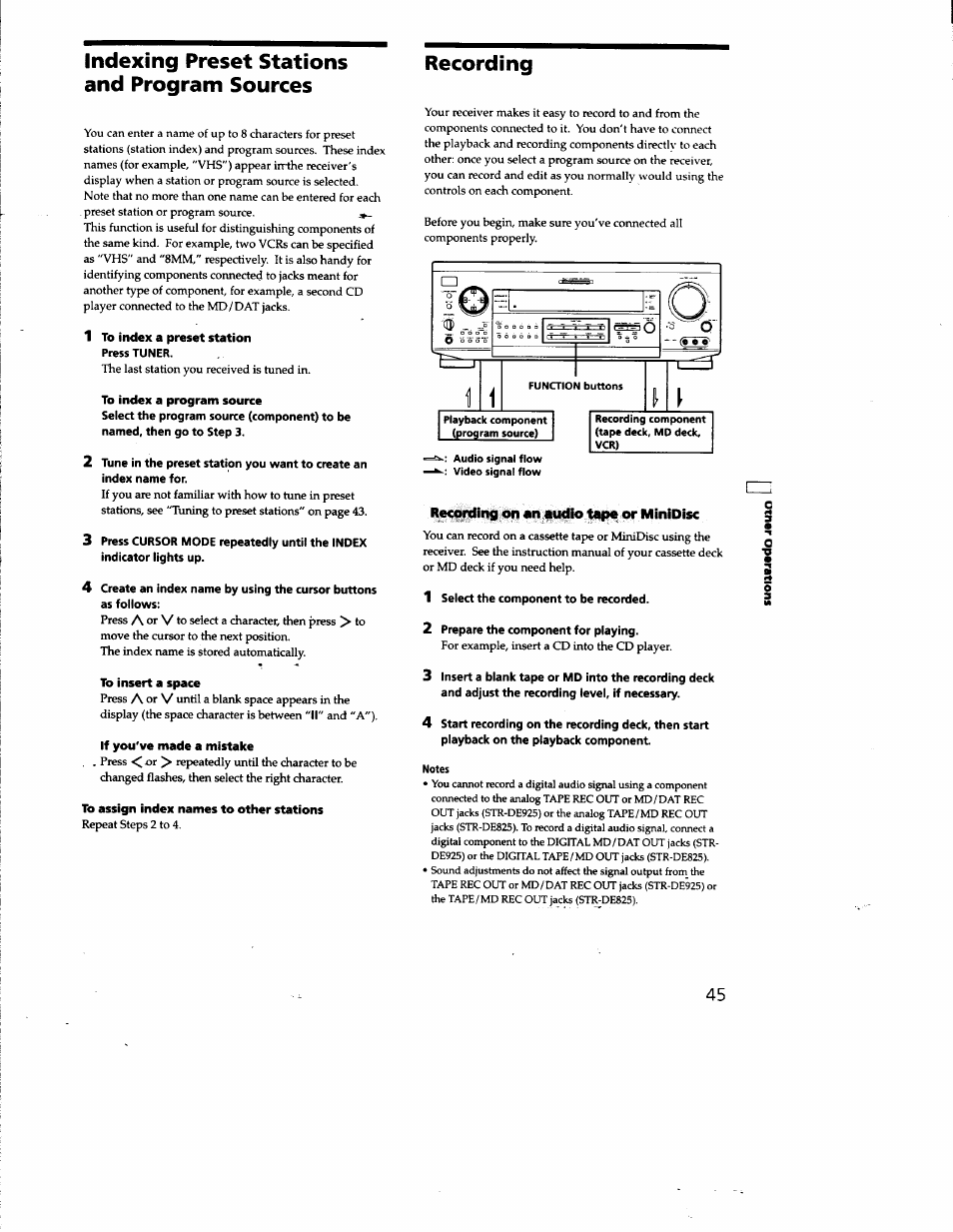 Indexing preset stations and program sources, Recording, Recoftling on an .audio or minidisc | Sony STR-DE825 User Manual | Page 45 / 56