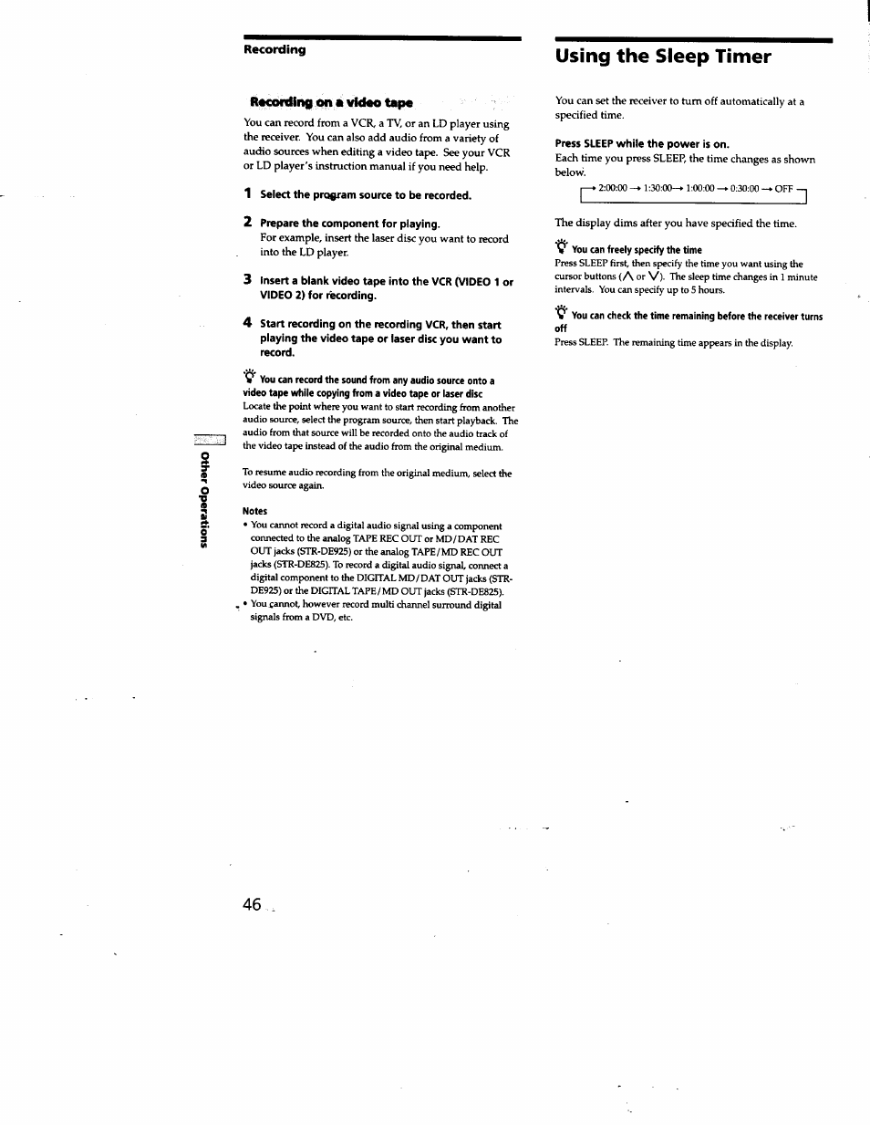 Using the sleep timer, Rmordfng w • video tape, 1 select the program source to be recorded | 2 prepare the component for playing, Press sleep while the power is on | Sony STR-DE825 User Manual | Page 46 / 56