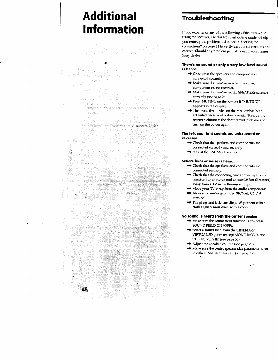 Troubleshooting, Severe hum or noise is heard, No sound is heard from the center speaker | Additional information | Sony STR-DE825 User Manual | Page 48 / 56