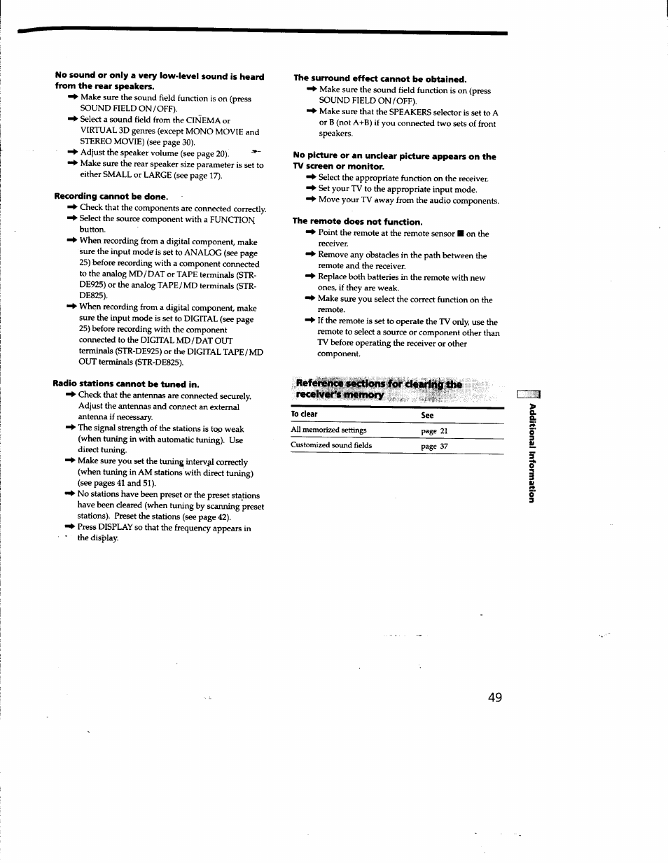 Recording cannot be done, Radio stations cannot be tuned in, The surround effect cannot be obtained | No picture or an unciear picture appears on the, Tv screen or monitor, The remote does not function | Sony STR-DE825 User Manual | Page 49 / 56