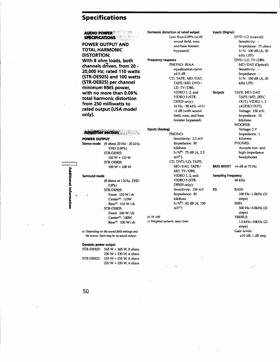 Specifications, Audio power skcmcations, Frequency response | Dynamic power output | Sony STR-DE825 User Manual | Page 50 / 56