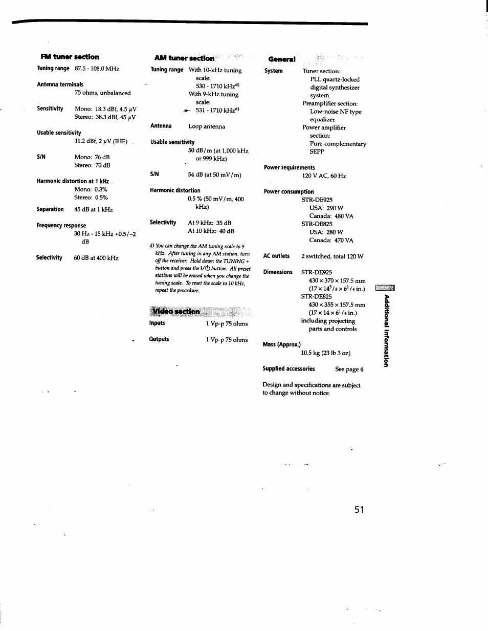 Fm tuner section, Antenna terminals, Usabie sensitivity | Am timer section, General, Harmonic distortion at 1 khz, Frequency response | Sony STR-DE825 User Manual | Page 51 / 56
