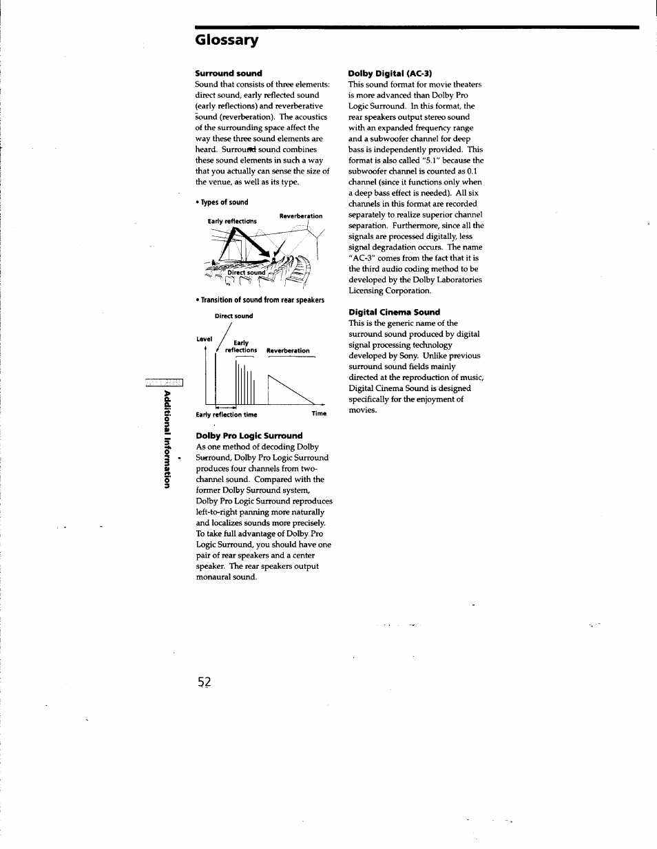 Glossary, Surround sound, Dolby pro logic surround | Dolby digital (ac-3), Digital cinema sound | Sony STR-DE825 User Manual | Page 52 / 56