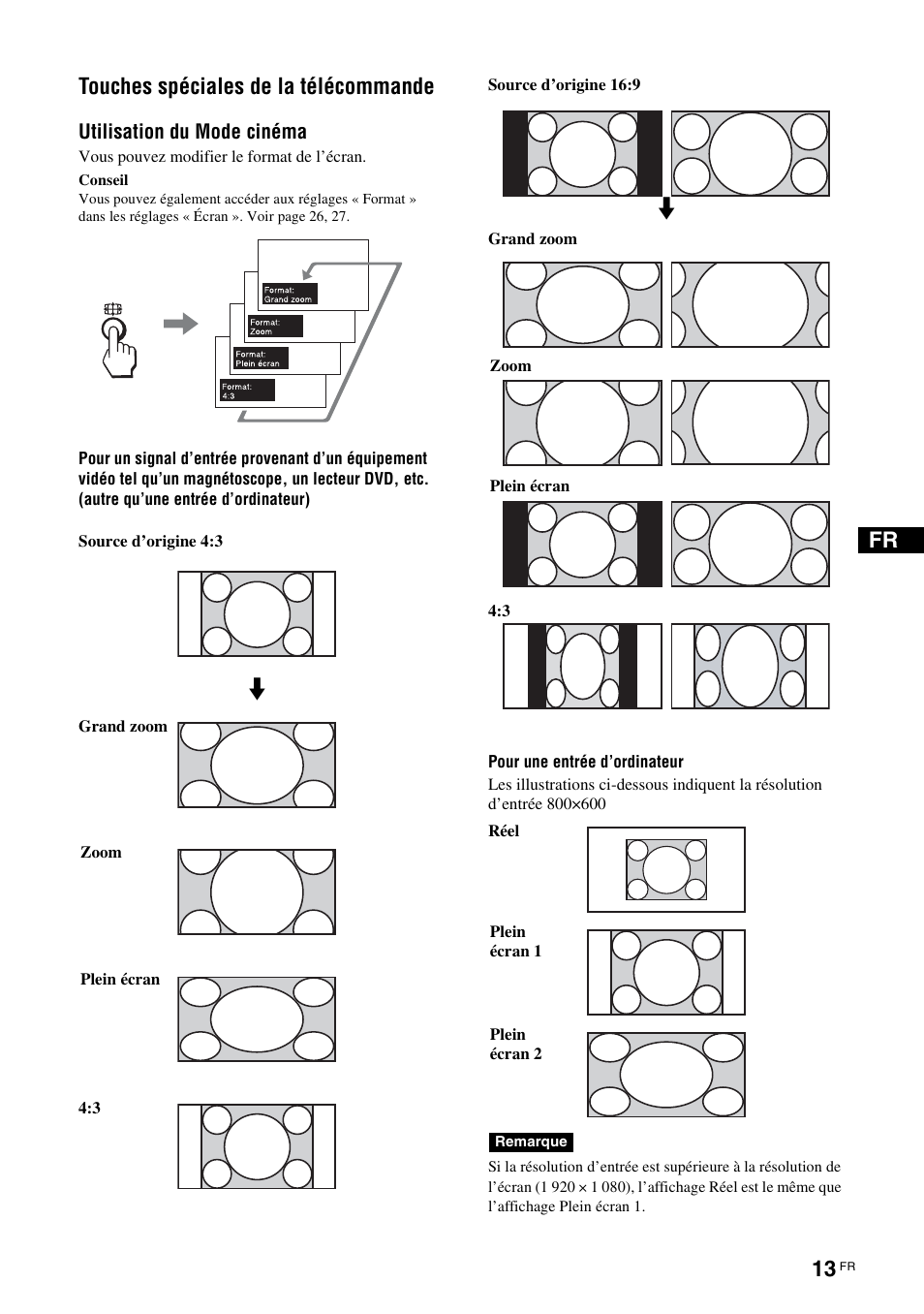 Touches spéciales de la télécommande, Utilisation du mode cinéma, Fr touches spéciales de la télécommande | Sony FWD-S42H1 User Manual | Page 103 / 303