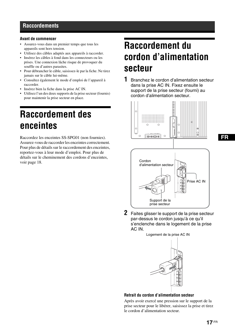 Raccordements, Raccordement des enceintes, Raccordement du cordon d’alimentation secteur | Sony FWD-S42H1 User Manual | Page 107 / 303