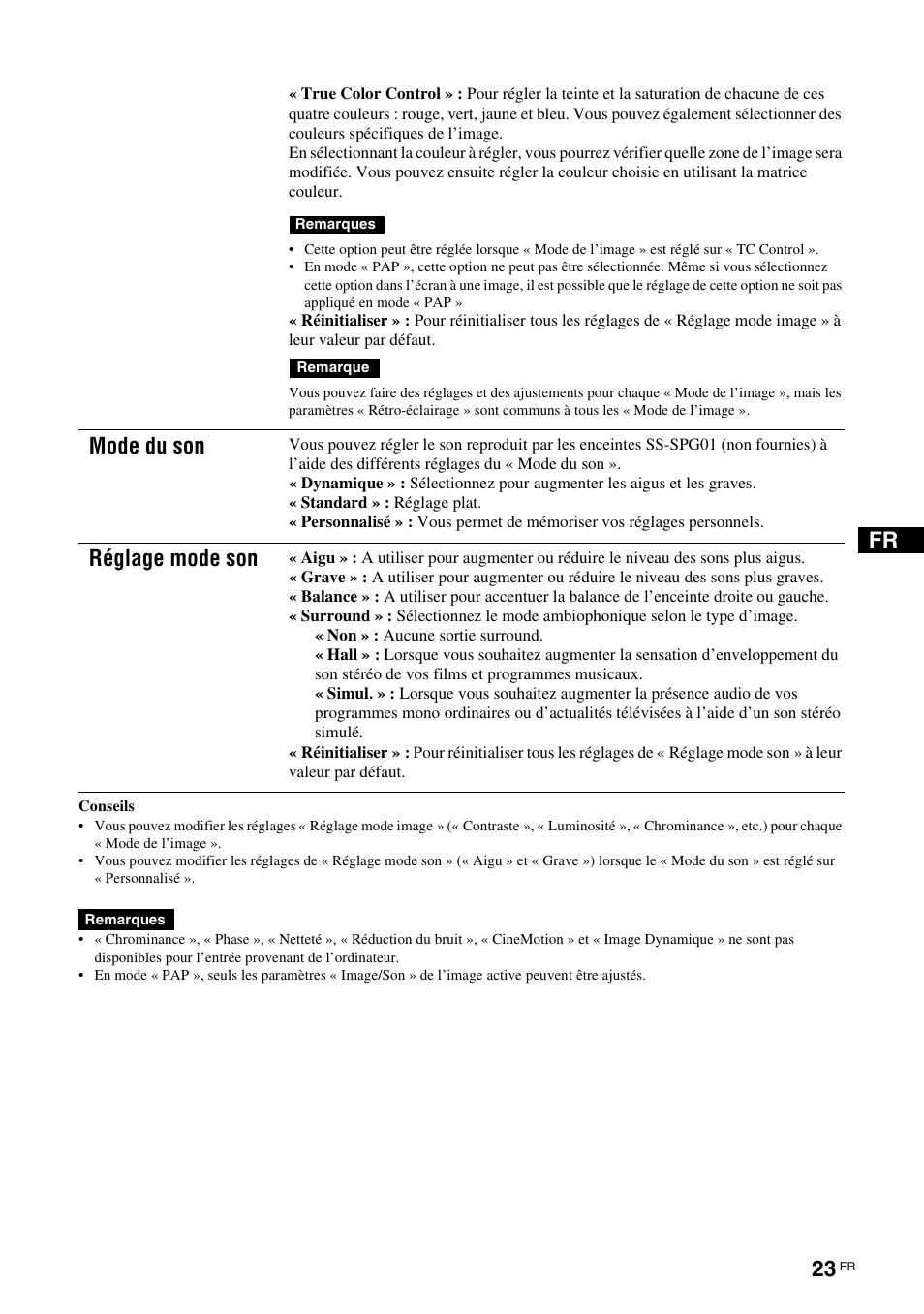 Mode du son, Réglage mode son | Sony FWD-S42H1 User Manual | Page 113 / 303