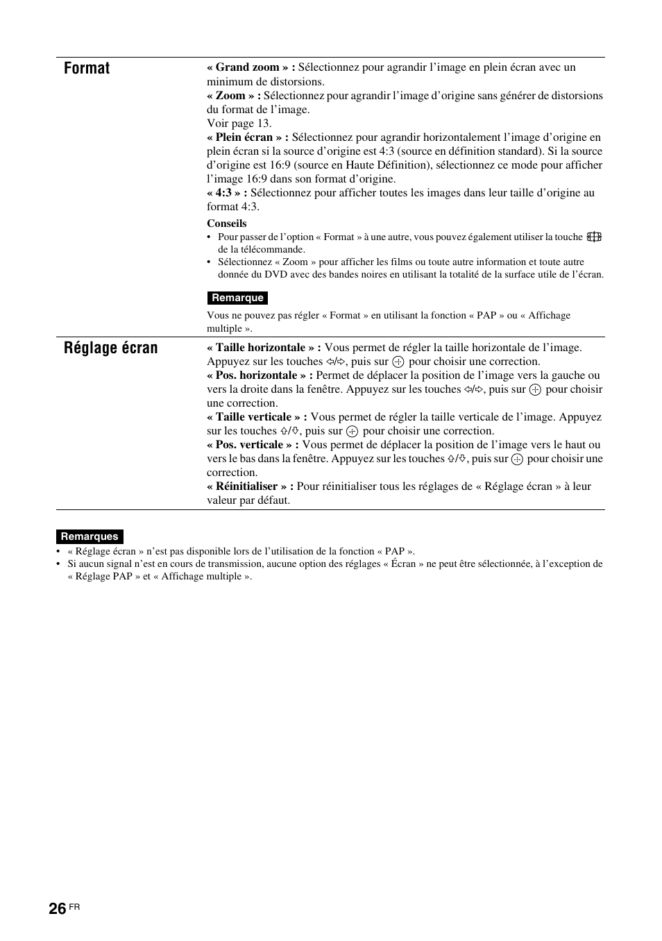 Format, Réglage écran | Sony FWD-S42H1 User Manual | Page 116 / 303