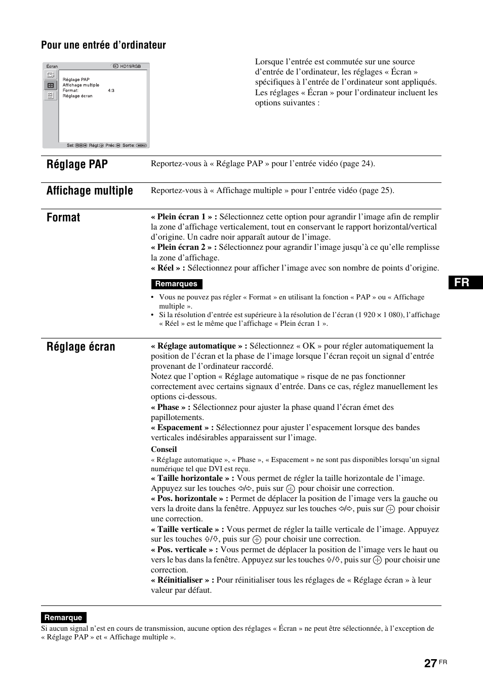 Réglage pap, Affichage multiple, Format | Réglage écran | Sony FWD-S42H1 User Manual | Page 117 / 303