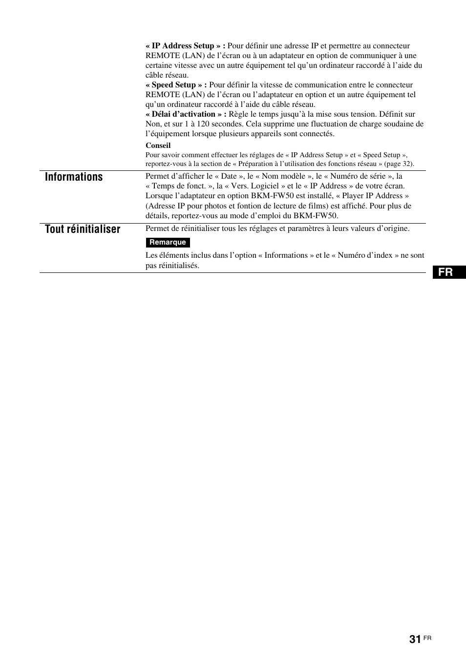 Informations, Tout réinitialiser | Sony FWD-S42H1 User Manual | Page 121 / 303