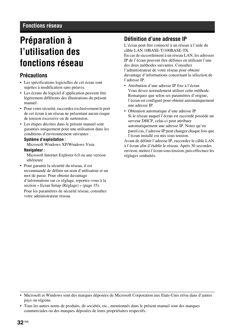 Fonctions réseau, Préparation à l’utilisation des fonctions réseau, Précautions | Définition d’une adresse ip | Sony FWD-S42H1 User Manual | Page 122 / 303