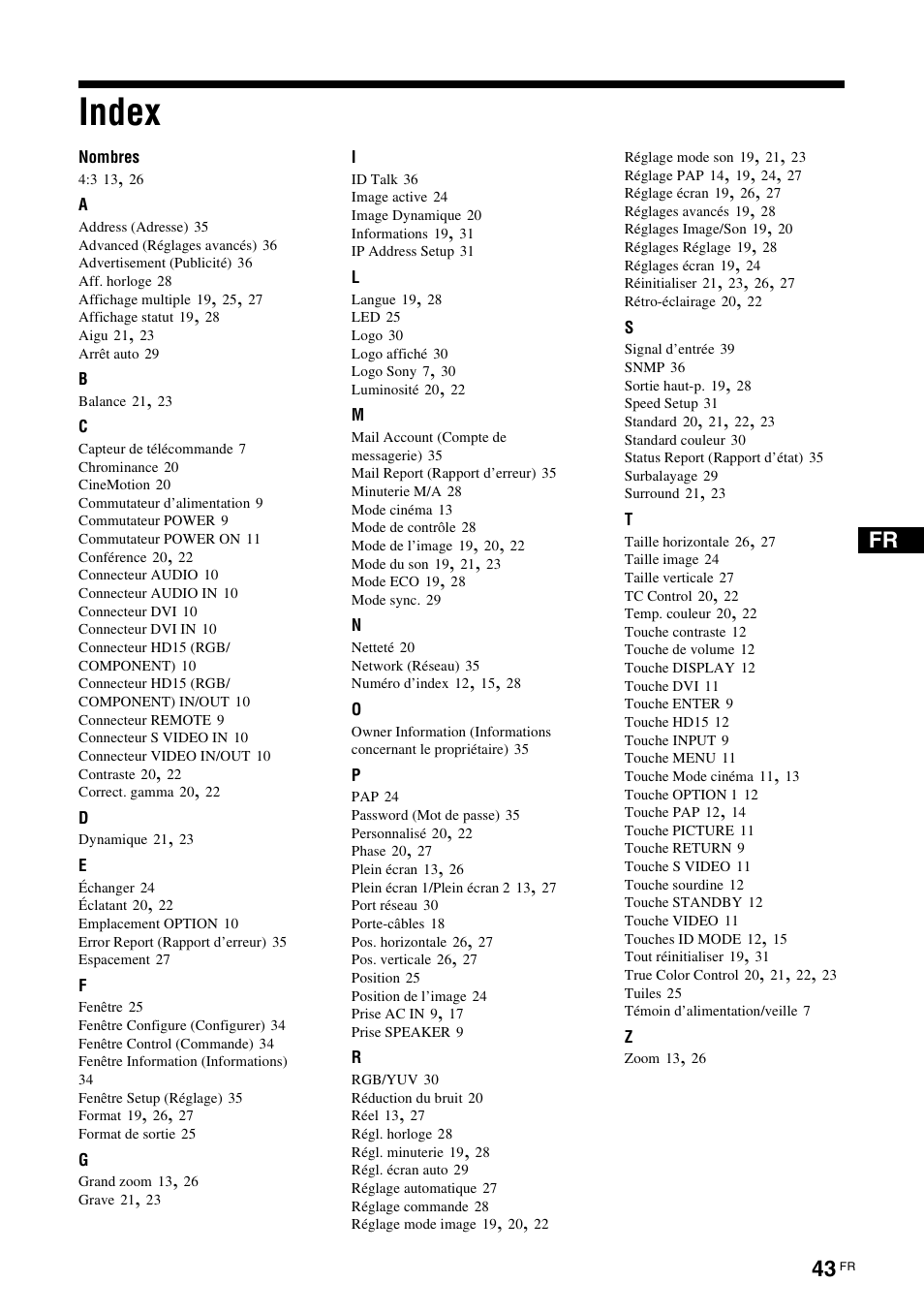 Index | Sony FWD-S42H1 User Manual | Page 133 / 303