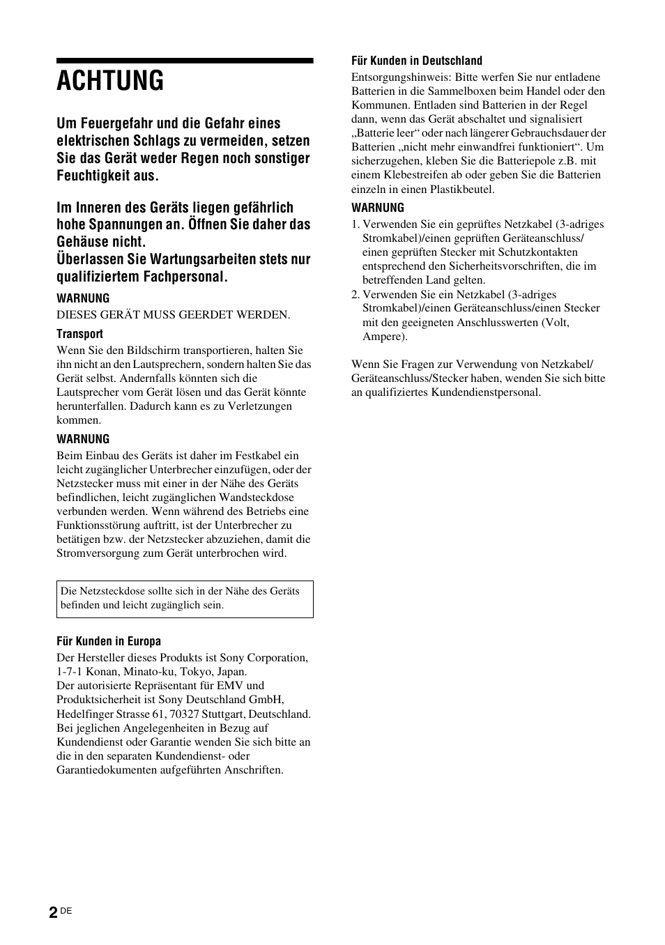 Achtung | Sony FWD-S42H1 User Manual | Page 134 / 303