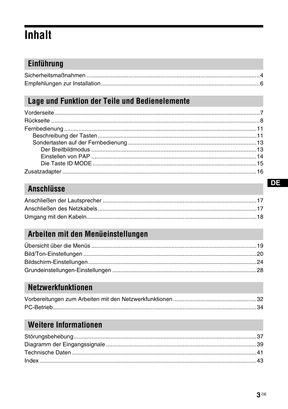 Inhalt | Sony FWD-S42H1 User Manual | Page 135 / 303