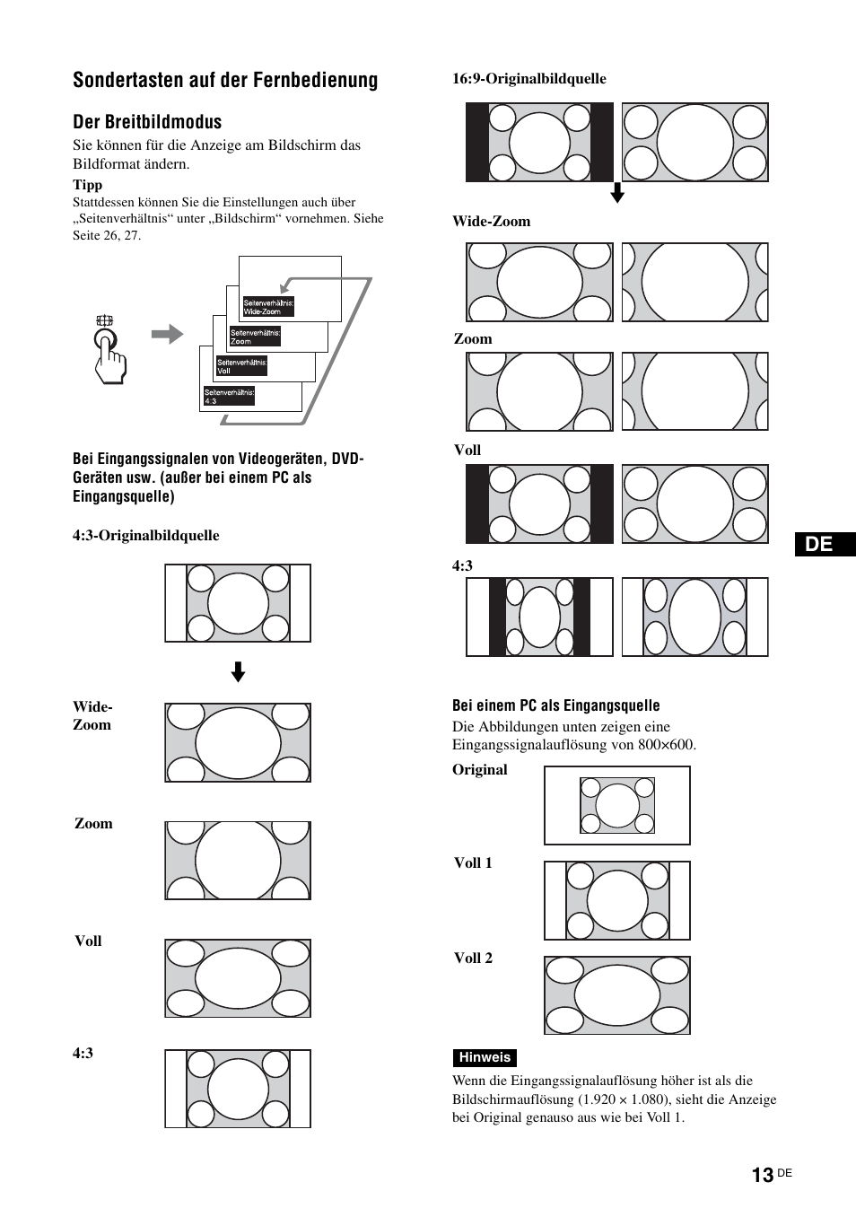 Sondertasten auf der fernbedienung, Der breitbildmodus, De sondertasten auf der fernbedienung | Sony FWD-S42H1 User Manual | Page 145 / 303