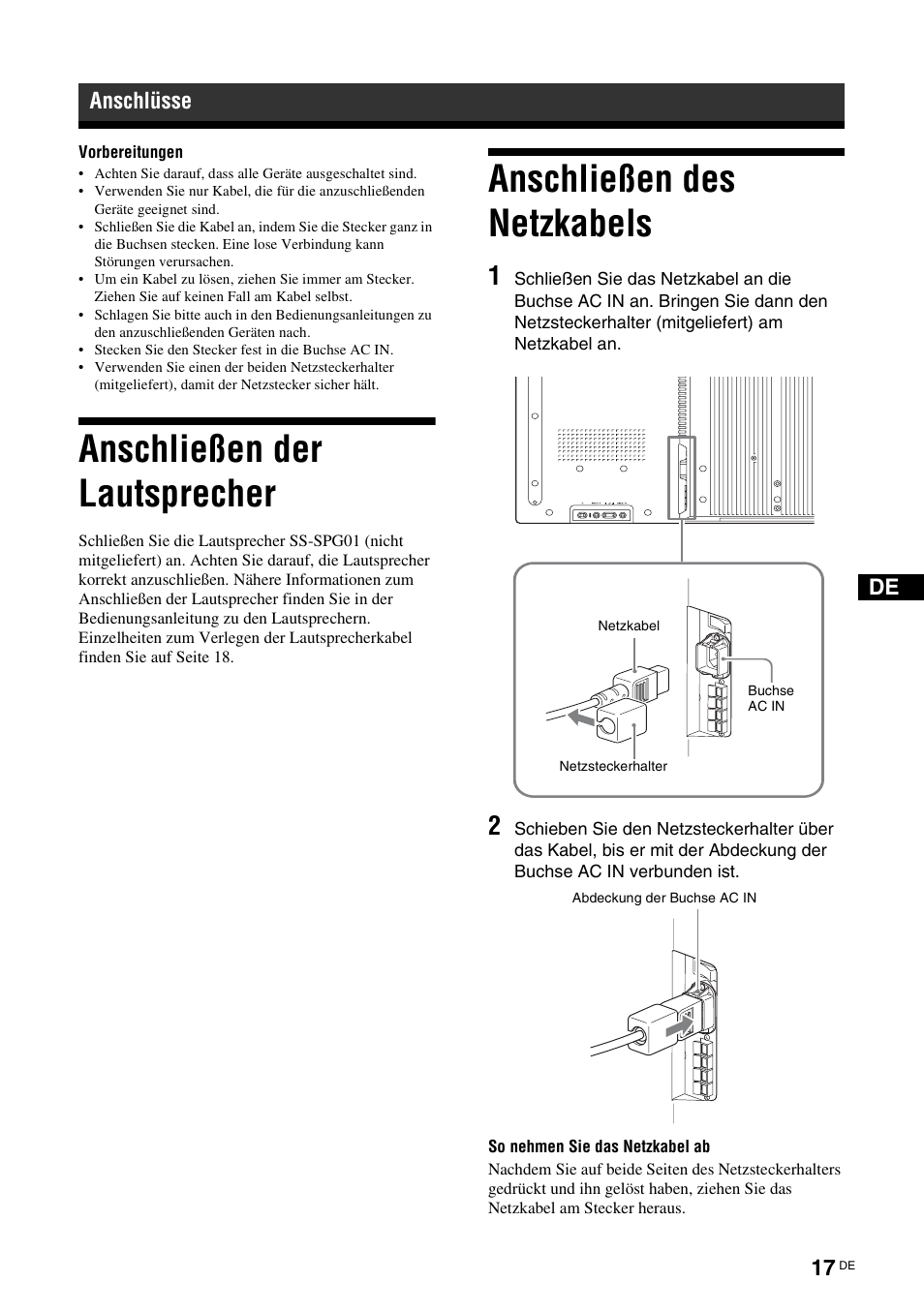 Anschlüsse, Anschließen der lautsprecher, Anschließen des netzkabels | Sony FWD-S42H1 User Manual | Page 149 / 303