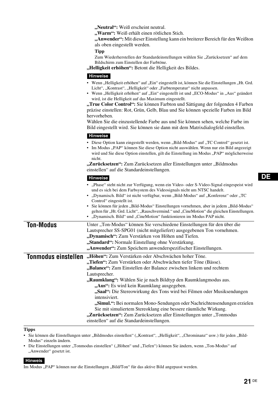 Seite 21, Ton-modus, Tonmodus einstellen | Sony FWD-S42H1 User Manual | Page 153 / 303
