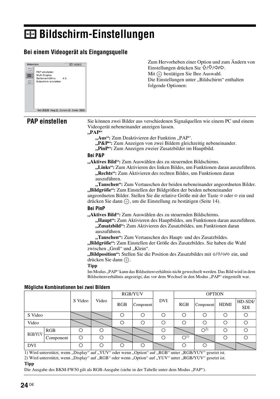 Bildschirm-einstellungen, Seite 24, Pap einstellen | Sony FWD-S42H1 User Manual | Page 156 / 303