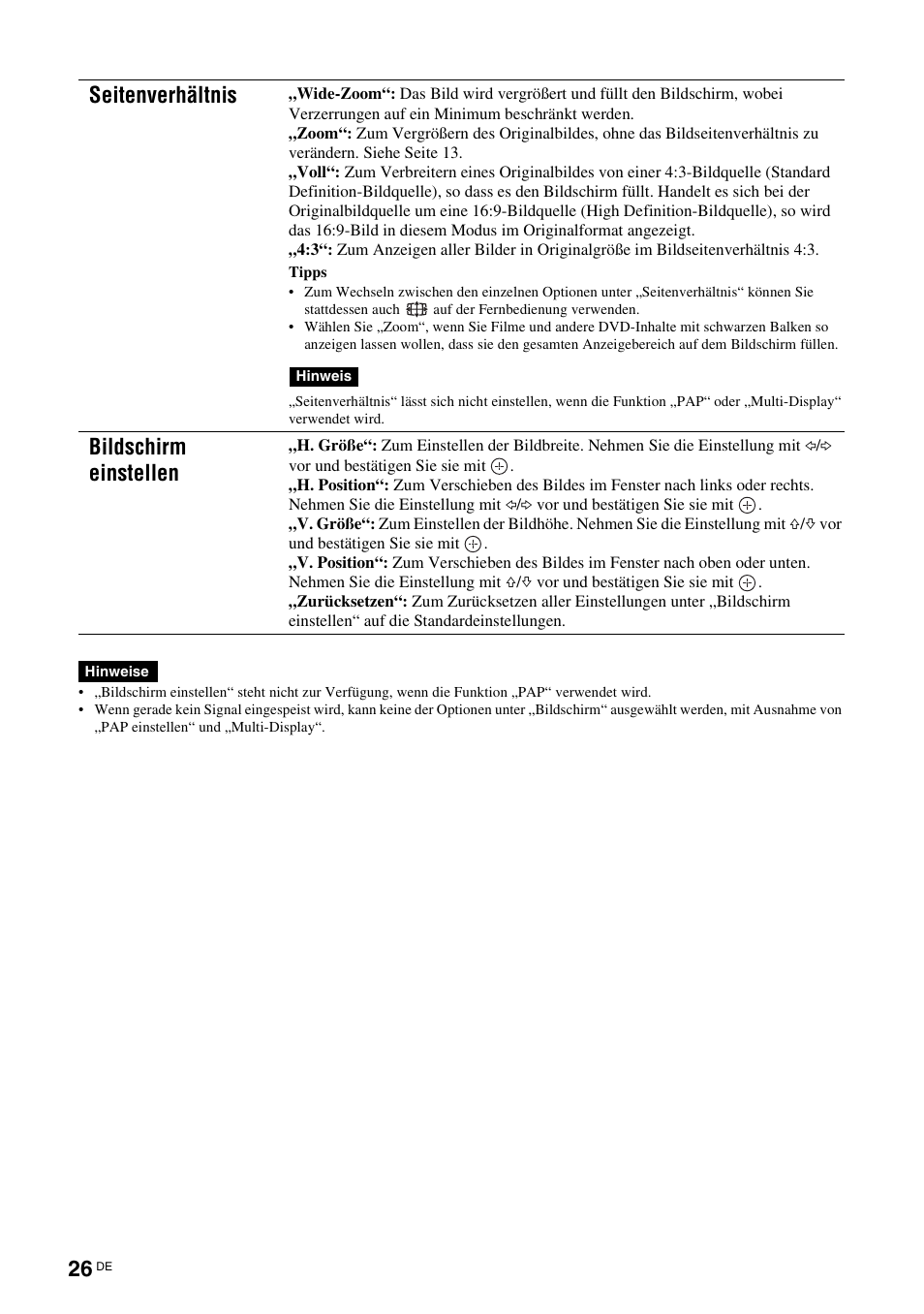Seite 26, Seitenverhältnis, Bildschirm einstellen | Sony FWD-S42H1 User Manual | Page 158 / 303