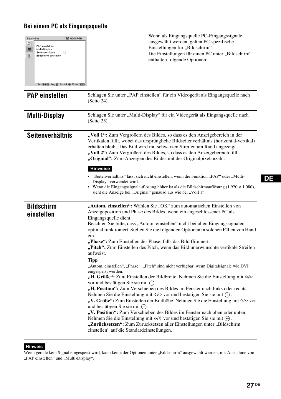 Pap einstellen, Multi-display, Seitenverhältnis | Bildschirm einstellen | Sony FWD-S42H1 User Manual | Page 159 / 303