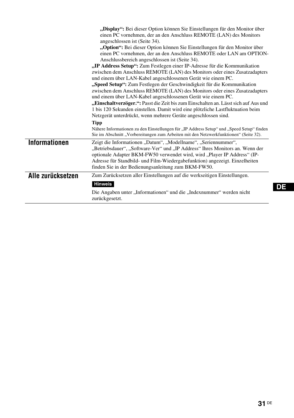 N (seite 31), Seite 31), Informationen | Alle zurücksetzen | Sony FWD-S42H1 User Manual | Page 163 / 303