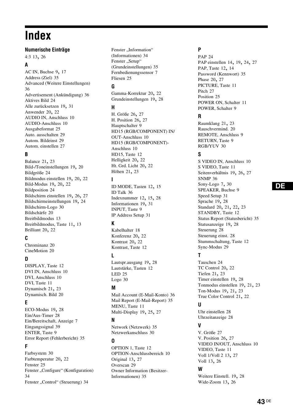 Index | Sony FWD-S42H1 User Manual | Page 175 / 303