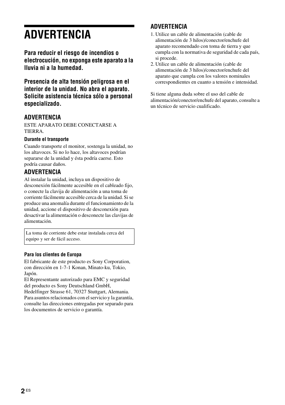 Advertencia | Sony FWD-S42H1 User Manual | Page 178 / 303