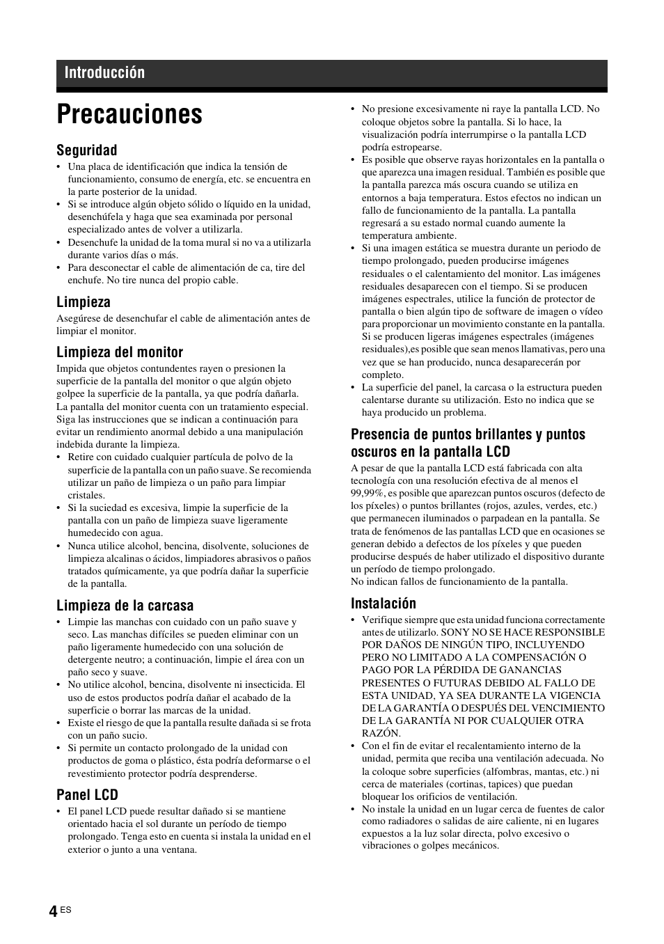 Introducción, Precauciones, Seguridad | Limpieza, Limpieza del monitor, Limpieza de la carcasa, Panel lcd, Instalación | Sony FWD-S42H1 User Manual | Page 180 / 303