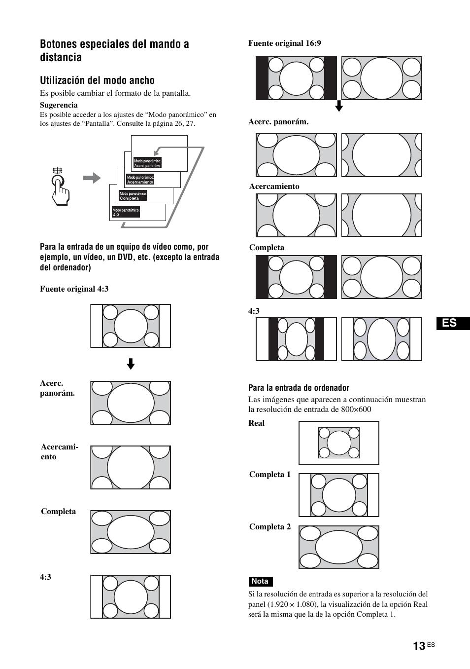 Botones especiales del mando a distancia, Utilización del modo ancho, Es botones especiales del mando a distancia | Sony FWD-S42H1 User Manual | Page 189 / 303