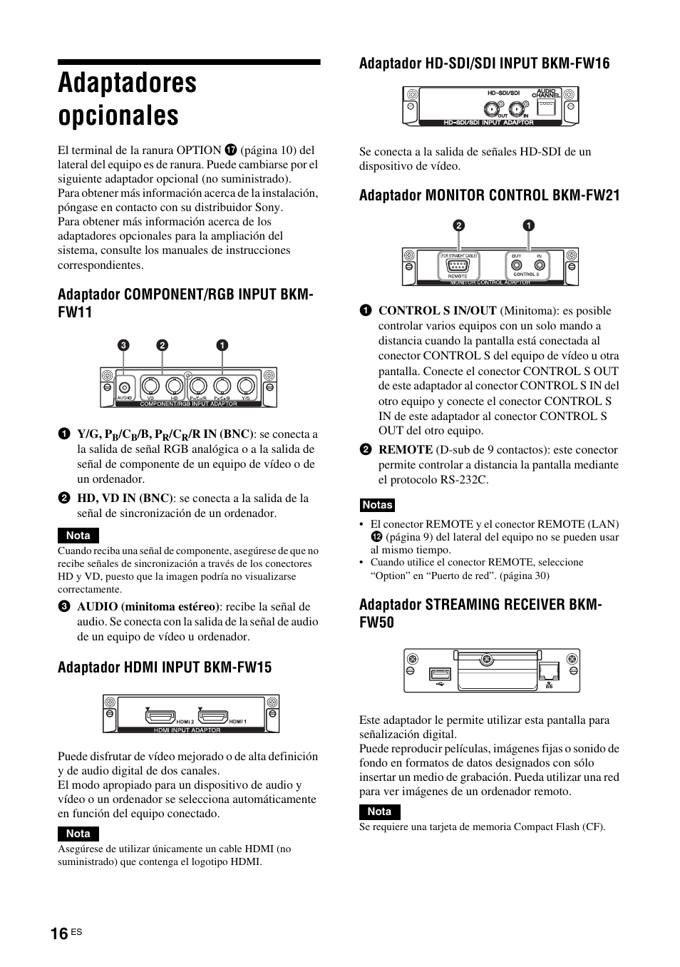 Adaptadores opcionales | Sony FWD-S42H1 User Manual | Page 192 / 303