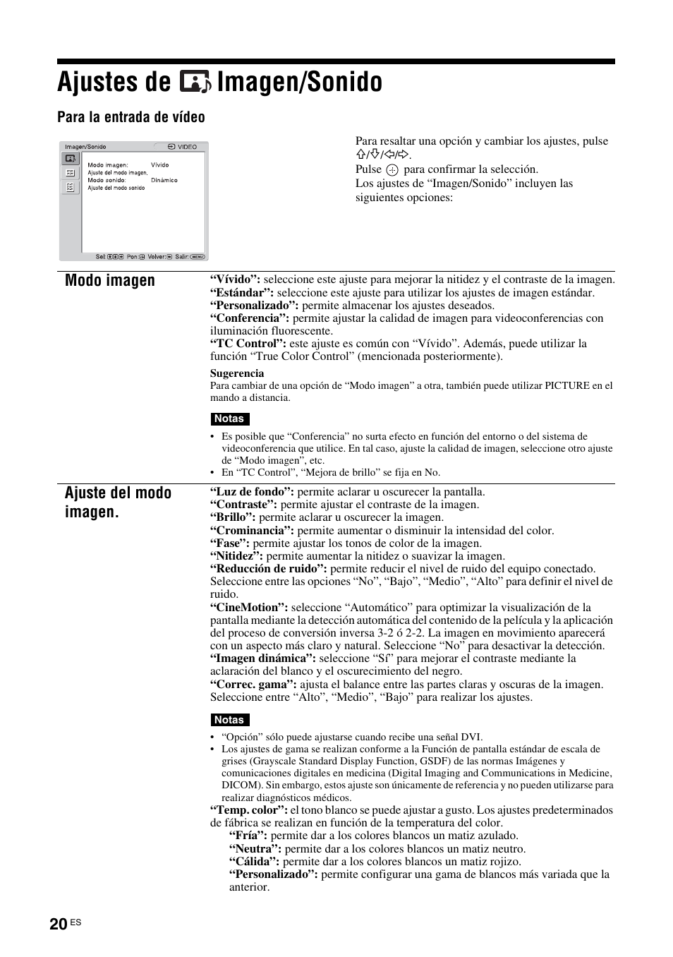 Ajustes de imagen/sonido | Sony FWD-S42H1 User Manual | Page 196 / 303