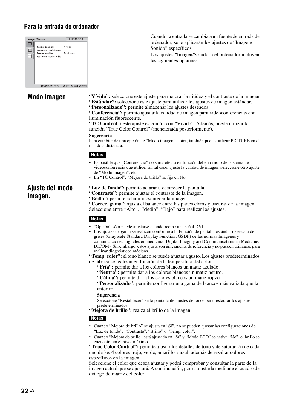 Modo imagen, Ajuste del modo imagen | Sony FWD-S42H1 User Manual | Page 198 / 303