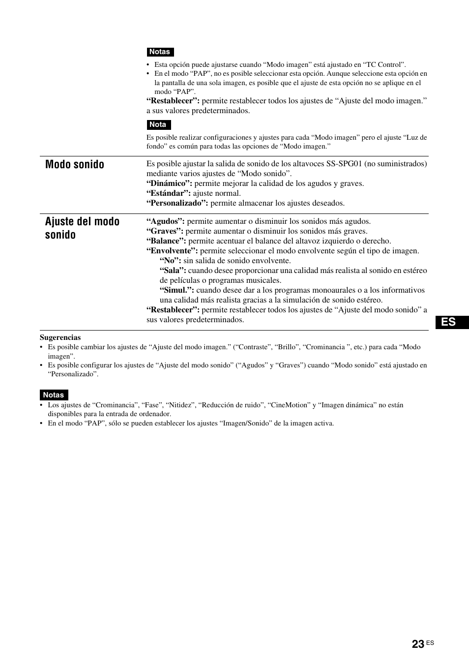 Modo sonido, Ajuste del modo sonido | Sony FWD-S42H1 User Manual | Page 199 / 303