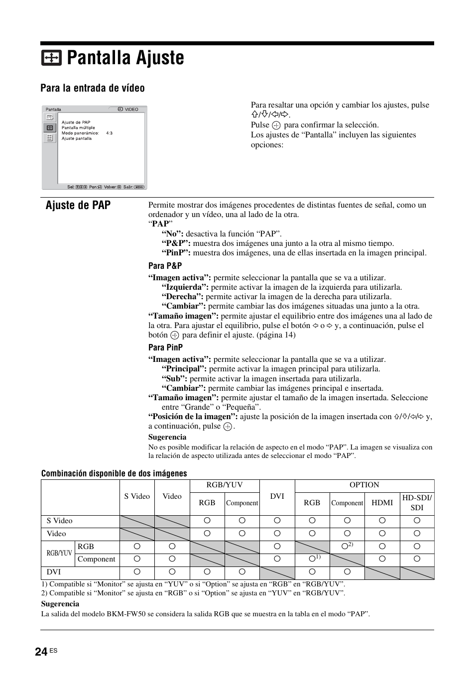 Pantalla ajuste, Ajuste de pap | Sony FWD-S42H1 User Manual | Page 200 / 303