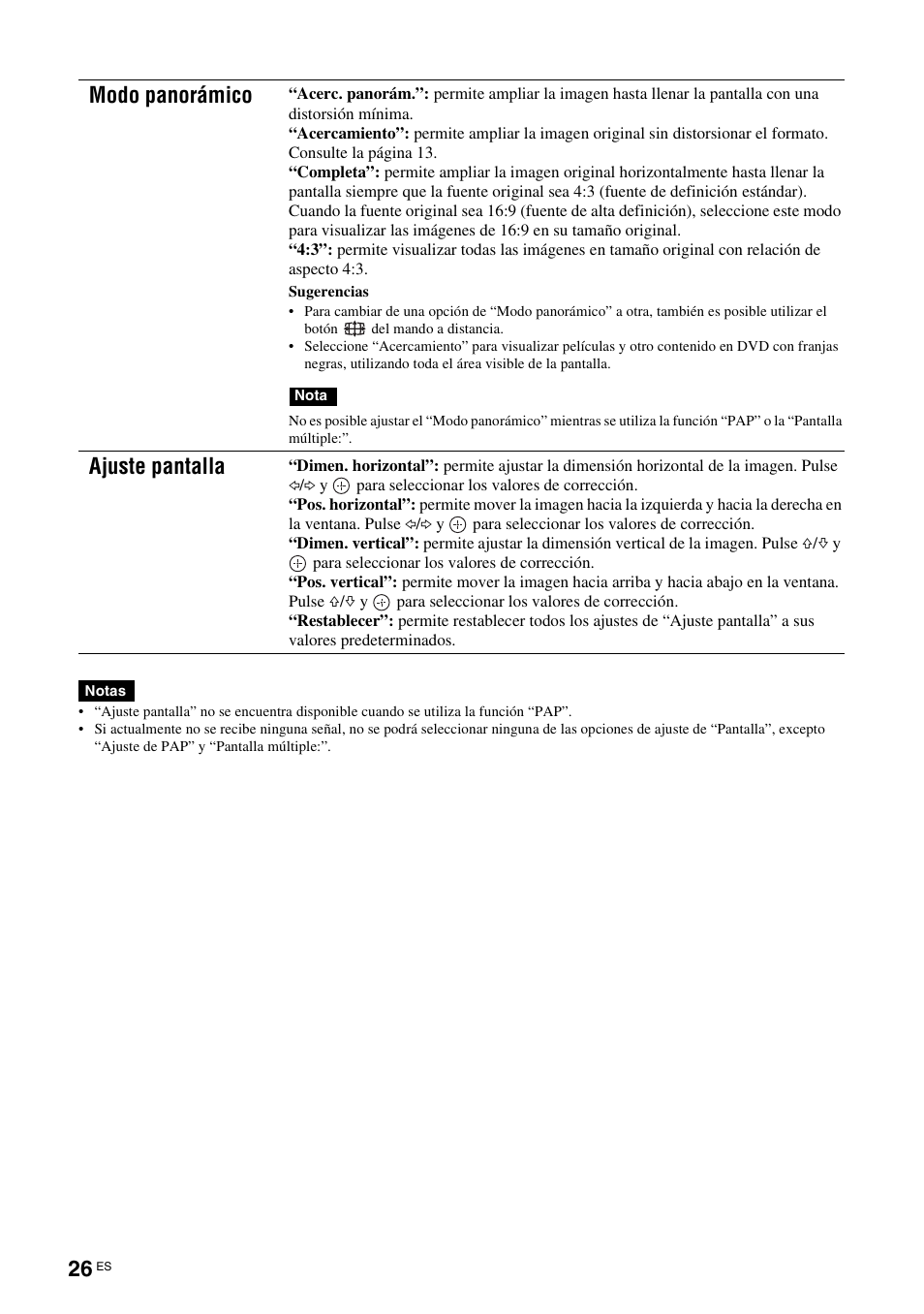 Modo panorámico, Ajuste pantalla | Sony FWD-S42H1 User Manual | Page 202 / 303