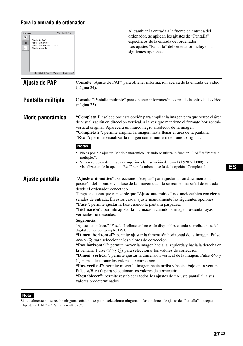 Ajuste de pap, Pantalla múltiple, Modo panorámico | Ajuste pantalla | Sony FWD-S42H1 User Manual | Page 203 / 303