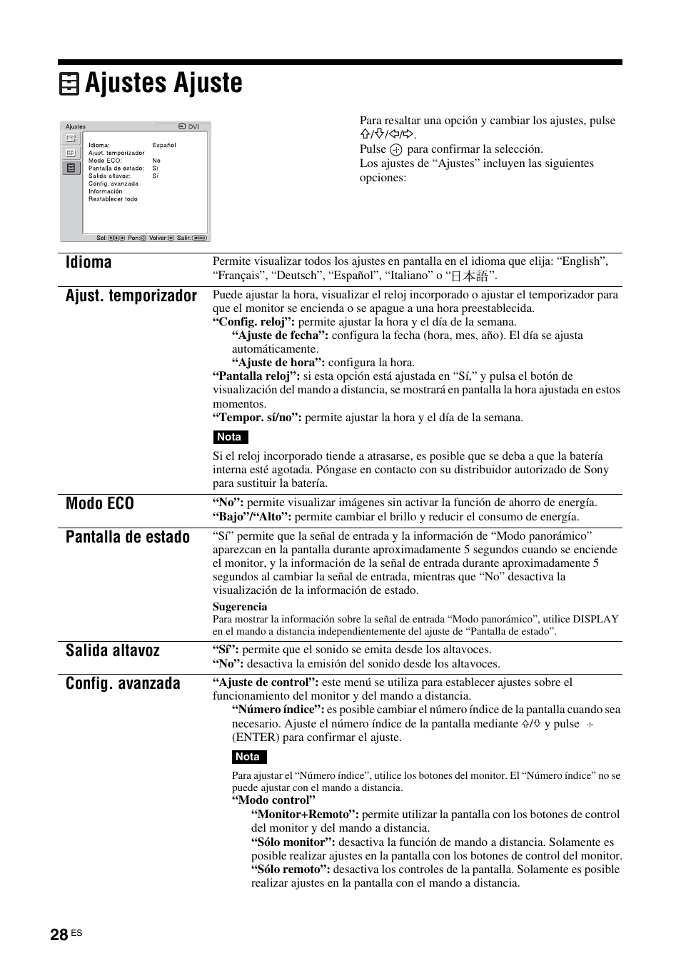 Ajustes ajuste, Idioma, Ajust. temporizador | Modo eco, Pantalla de estado, Salida altavoz, Config. avanzada | Sony FWD-S42H1 User Manual | Page 204 / 303
