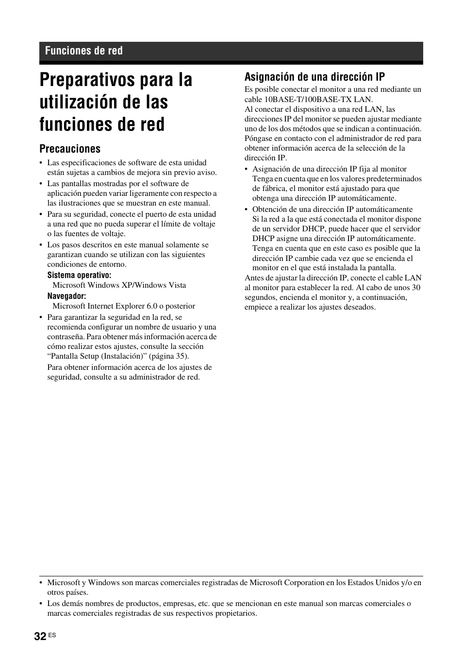 Funciones de red, Precauciones, Asignación de una dirección ip | Sony FWD-S42H1 User Manual | Page 208 / 303