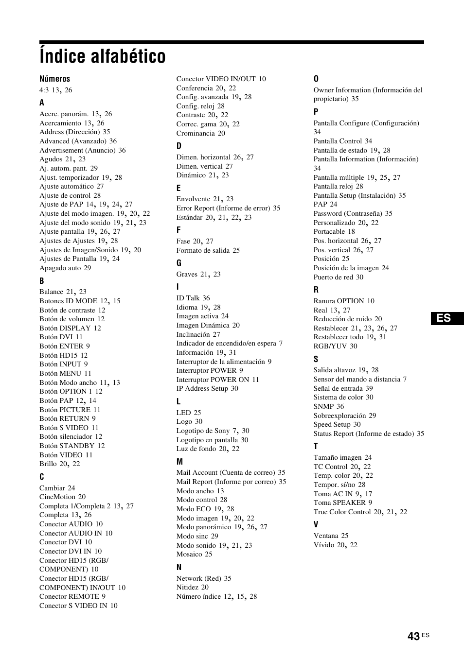 Índice alfabético | Sony FWD-S42H1 User Manual | Page 219 / 303